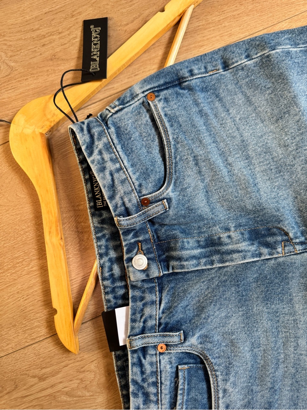 Blank NYC Two-Tone Blue Denim and Faux Leather Wide Leg Jeans | Size 27 - Picture 7 of 15